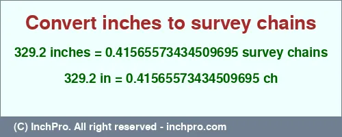 329.2 inches to ch is equal to 0.41565573434509695 (ch) Result converting 329.2 inches to ch = 0.41565573434509695 survey chains