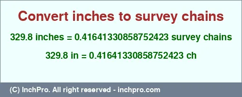 329.8 inches to ch is equal to 0.41641330858752423 (ch) Result converting 329.8 inches to ch = 0.41641330858752423 survey chains