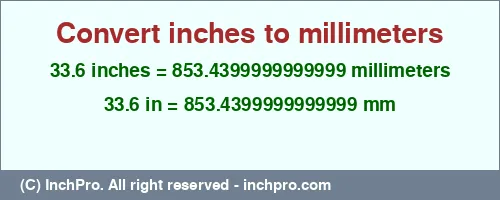 33.6 inches to mm is equal to 853.4399999999999 (mm) Result converting 33.6 inches to mm = 853.4399999999999 millimeters