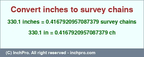 330.1 inches to ch is equal to 0.4167920957087379 (ch) Result converting 330.1 inches to ch = 0.4167920957087379 survey chains