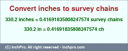 330.2 inches to ch is equal to 0.41691835808247574 (ch) Result converting 330.2 inches to ch = 0.41691835808247574 survey chains