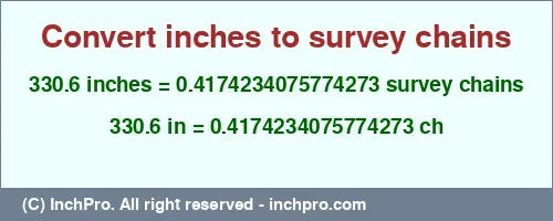 330.6 inches to ch is equal to 0.4174234075774273 (ch) Result converting 330.6 inches to ch = 0.4174234075774273 survey chains