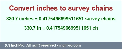 330.7 inches to ch is equal to 0.4175496699511651 (ch) Result converting 330.7 inches to ch = 0.4175496699511651 survey chains