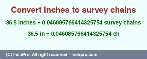 Result converting 36.5 inches to ch = 0.046085766414325754 survey chains