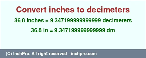 36.8 inches to dm is equal to 9.347199999999999 (dm) Result converting 36.8 inches to dm = 9.347199999999999 decimeters