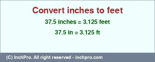 37.5 inches to ft is equal to 3.125 (ft) Result converting 37.5 inches to ft = 3.125 feet