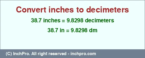 38.7 inches to dm is equal to 9.8298 (dm) Result converting 38.7 inches to dm = 9.8298 decimeters