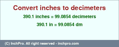 390.1 inches to dm is equal to 99.0854 (dm) Result converting 390.1 inches to dm = 99.0854 decimeters