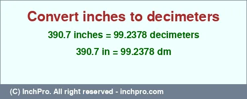 390.7 inches to dm is equal to 99.2378 (dm) Result converting 390.7 inches to dm = 99.2378 decimeters