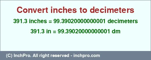 Result converting 391.3 inches to dm = 99.39020000000001 decimeters