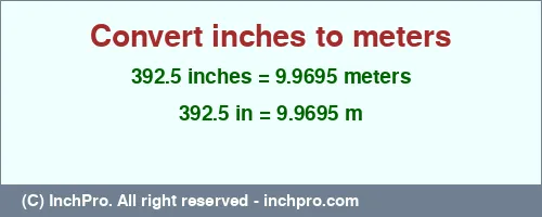 392.5 inches to m is equal to 9.9695 (m) Result converting 392.5 inches to m = 9.9695 meters