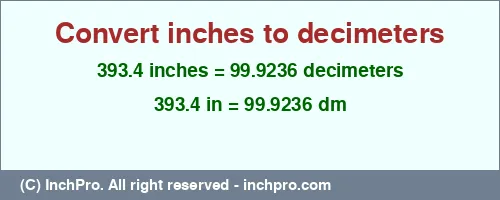 Result converting 393.4 inches to dm = 99.9236 decimeters