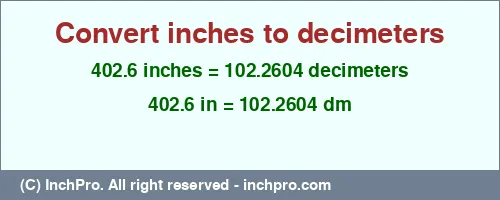 402.6 inches to dm is equal to 102.2604 (dm) Result converting 402.6 inches to dm = 102.2604 decimeters