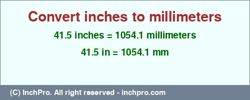 41.5 inches to mm is equal to 1054.1 (mm) Result converting 41.5 inches to mm = 1054.1 millimeters