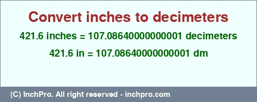 Result converting 421.6 inches to dm = 107.08640000000001 decimeters