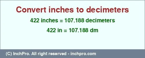 422 inches to dm is equal to 107.188 (dm) Result converting 422 inches to dm = 107.188 decimeters