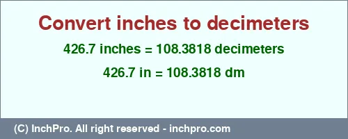 426.7 inches to dm is equal to 108.3818 (dm) Result converting 426.7 inches to dm = 108.3818 decimeters