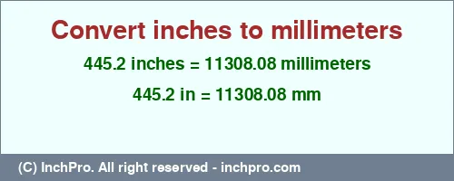 445.2 inches to mm is equal to 11308.08 (mm) Result converting 445.2 inches to mm = 11308.08 millimeters