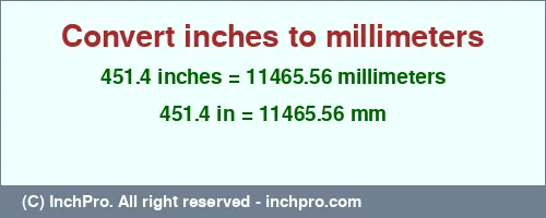 451.4 inches to mm is equal to 11465.56 (mm) Result converting 451.4 inches to mm = 11465.56 millimeters