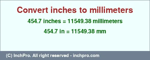 454.7 inches to mm is equal to 11549.38 (mm) Result converting 454.7 inches to mm = 11549.38 millimeters