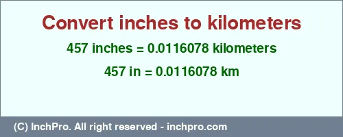 457 inches to km is equal to 0.0116078 (km) Result converting 457 inches to km = 0.0116078 kilometers