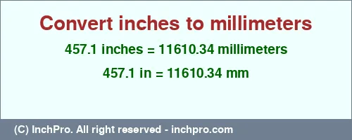 457.1 inches to mm is equal to 11610.34 (mm) Result converting 457.1 inches to mm = 11610.34 millimeters