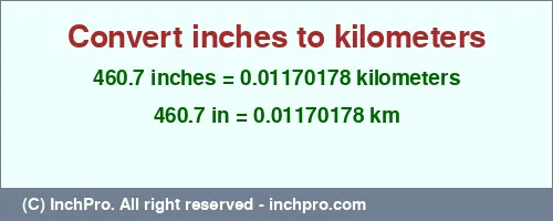 460.7 inches to km is equal to 0.01170178 (km) Result converting 460.7 inches to km = 0.01170178 kilometers