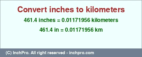 461.4 inches to km is equal to 0.01171956 (km) Result converting 461.4 inches to km = 0.01171956 kilometers