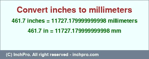 Result converting 461.7 inches to mm = 11727.179999999998 millimeters