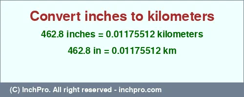 462.8 inches to km is equal to 0.01175512 (km) Result converting 462.8 inches to km = 0.01175512 kilometers