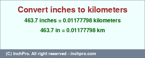463.7 inches to km is equal to 0.01177798 (km) Result converting 463.7 inches to km = 0.01177798 kilometers