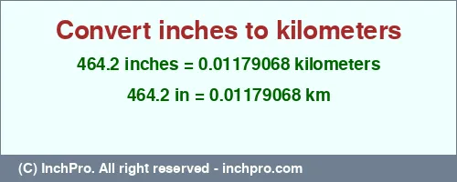 464.2 inches to km is equal to 0.01179068 (km) Result converting 464.2 inches to km = 0.01179068 kilometers