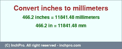 466.2 inches to mm is equal to 11841.48 (mm) Result converting 466.2 inches to mm = 11841.48 millimeters