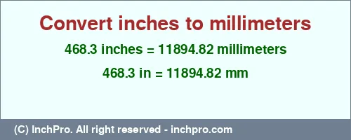 468.3 inches to mm is equal to 11894.82 (mm) Result converting 468.3 inches to mm = 11894.82 millimeters
