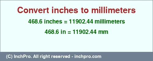 468.6 inches to mm is equal to 11902.44 (mm) Result converting 468.6 inches to mm = 11902.44 millimeters