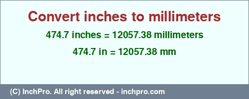 474.7 inches to mm is equal to 12057.38 (mm) Result converting 474.7 inches to mm = 12057.38 millimeters