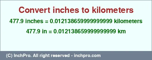 477.9 inches to km is equal to 0.012138659999999999 (km) Result converting 477.9 inches to km = 0.012138659999999999 kilometers