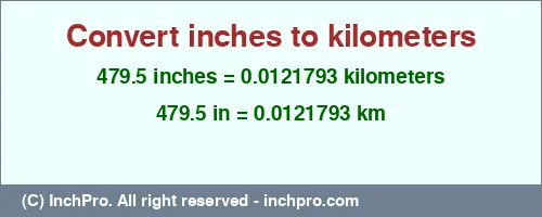 479.5 inches to km is equal to 0.0121793 (km) Result converting 479.5 inches to km = 0.0121793 kilometers