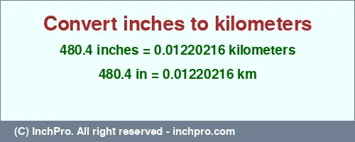 480.4 inches to km is equal to 0.01220216 (km) Result converting 480.4 inches to km = 0.01220216 kilometers
