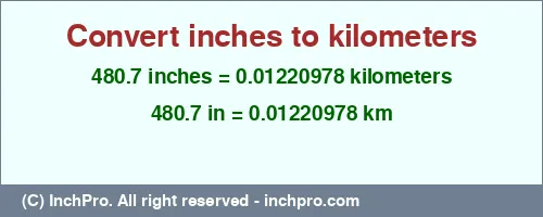 480.7 inches to km is equal to 0.01220978 (km) Result converting 480.7 inches to km = 0.01220978 kilometers