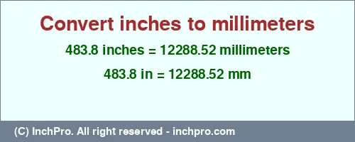 483.8 inches to mm is equal to 12288.52 (mm) Result converting 483.8 inches to mm = 12288.52 millimeters