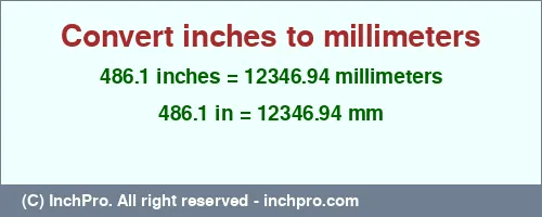 486.1 inches to mm is equal to 12346.94 (mm) Result converting 486.1 inches to mm = 12346.94 millimeters