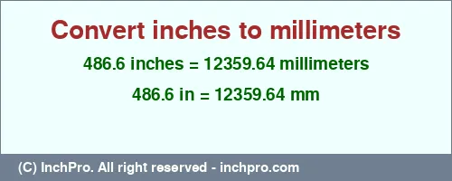 486.6 inches to mm is equal to 12359.64 (mm) Result converting 486.6 inches to mm = 12359.64 millimeters