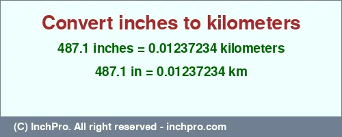 487.1 inches to km is equal to 0.01237234 (km) Result converting 487.1 inches to km = 0.01237234 kilometers