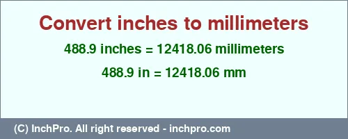 Result converting 488.9 inches to mm = 12418.06 millimeters