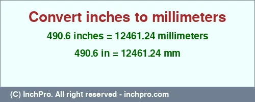 490.6 inches to mm is equal to 12461.24 (mm) Result converting 490.6 inches to mm = 12461.24 millimeters