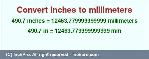 490.7 inches to mm is equal to 12463.779999999999 (mm) Result converting 490.7 inches to mm = 12463.779999999999 millimeters