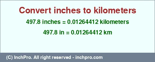 497.8 inches to km is equal to 0.01264412 (km) Result converting 497.8 inches to km = 0.01264412 kilometers