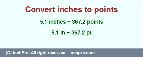 5.1 inches to pt is equal to 367.2 (pt) Result converting 5.1 inches to pt = 367.2 points