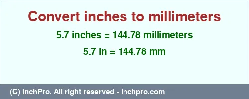 5.7 inches to mm is equal to 144.78 (mm) Result converting 5.7 inches to mm = 144.78 millimeters
